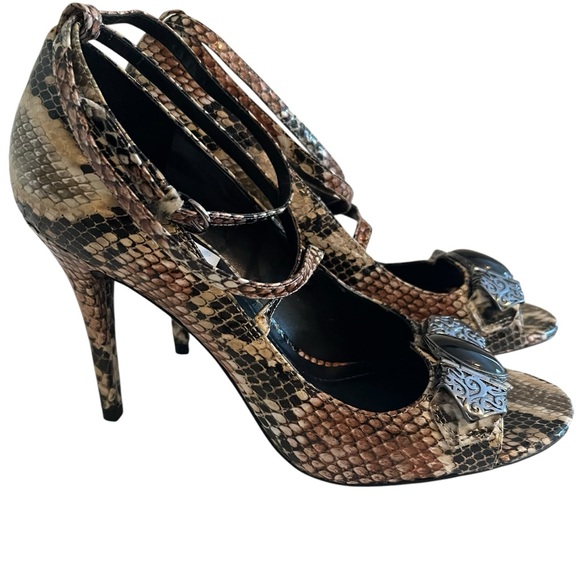BCBG Tan/Brown/Black "Snakeskin" Open Toe Ankle Strap Stiletto Trilogy Heel - Picture 1 of 9